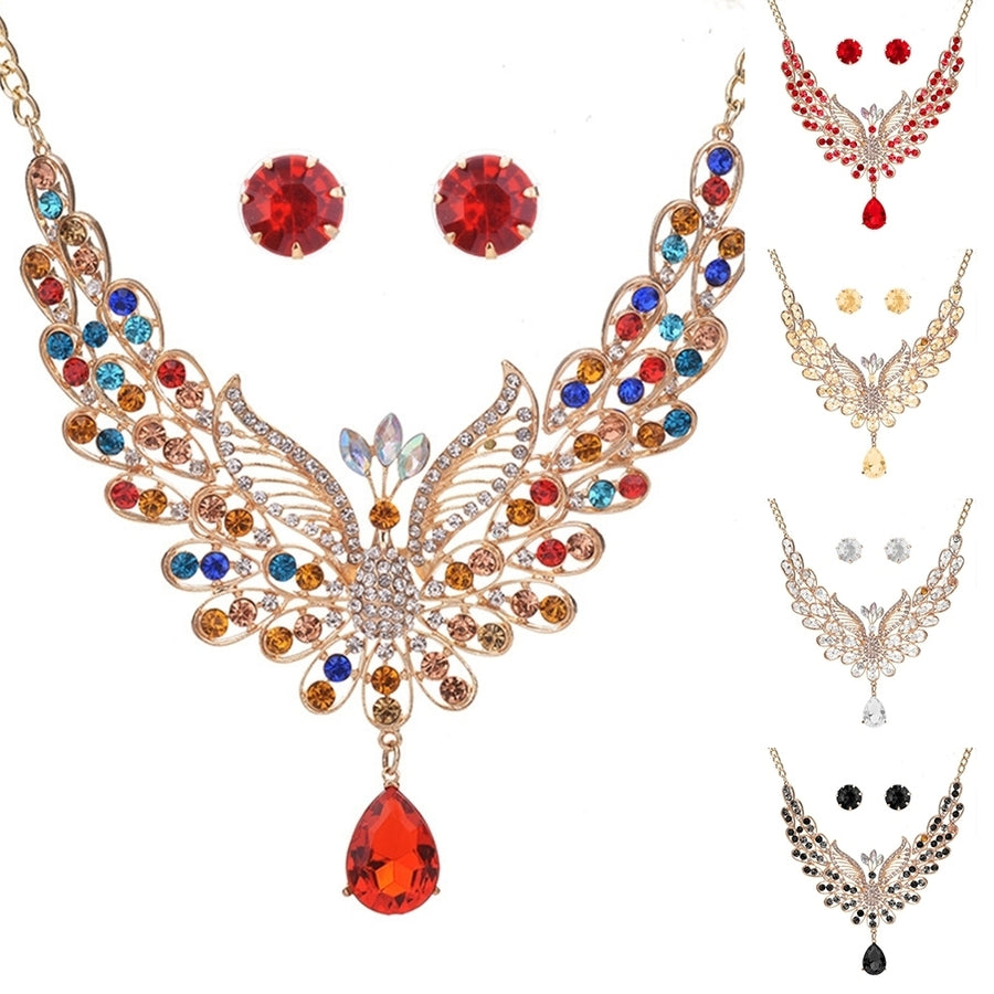 Retro Multicolor Rhinestone Hollow Peacock Bib Necklace Ear Studs Jewelry Set Image 1