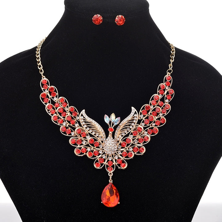 Retro Multicolor Rhinestone Hollow Peacock Bib Necklace Ear Studs Jewelry Set Image 6