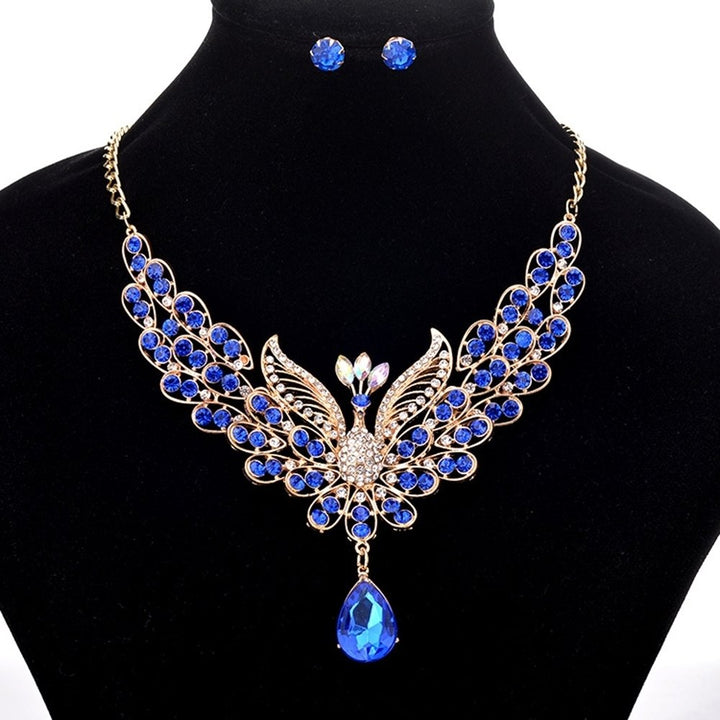 Retro Multicolor Rhinestone Hollow Peacock Bib Necklace Ear Studs Jewelry Set Image 7