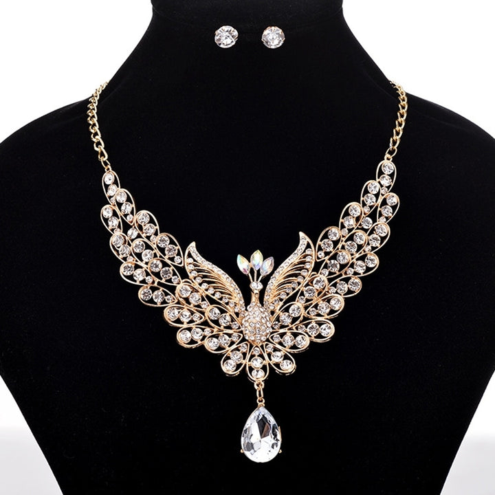 Retro Multicolor Rhinestone Hollow Peacock Bib Necklace Ear Studs Jewelry Set Image 9