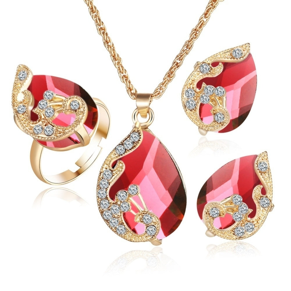 Women Jewelry Set Shiny Water-Drop Shape Rhinestone Necklace Earrings Ring Gift Image 1