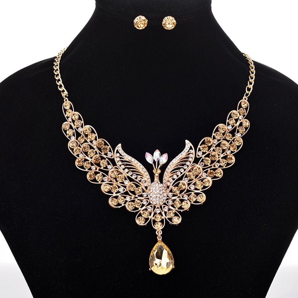 Retro Multicolor Rhinestone Hollow Peacock Bib Necklace Ear Studs Jewelry Set Image 10