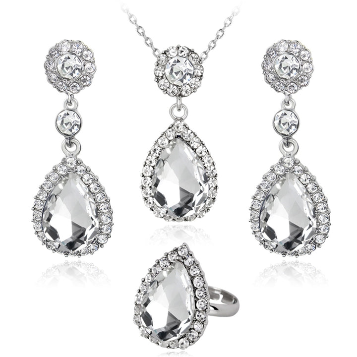 Women Fashion Rhinestones Inlaid Waterdrop Necklace Ring Earrings Jewelry Set Image 3