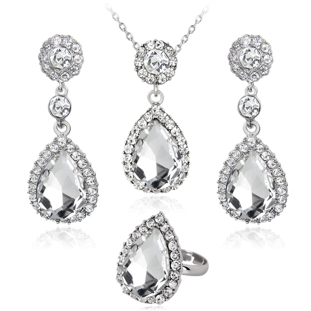 Women Fashion Rhinestones Inlaid Waterdrop Necklace Ring Earrings Jewelry Set Image 1