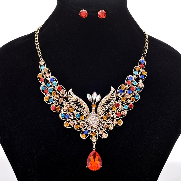 Retro Multicolor Rhinestone Hollow Peacock Bib Necklace Ear Studs Jewelry Set Image 11