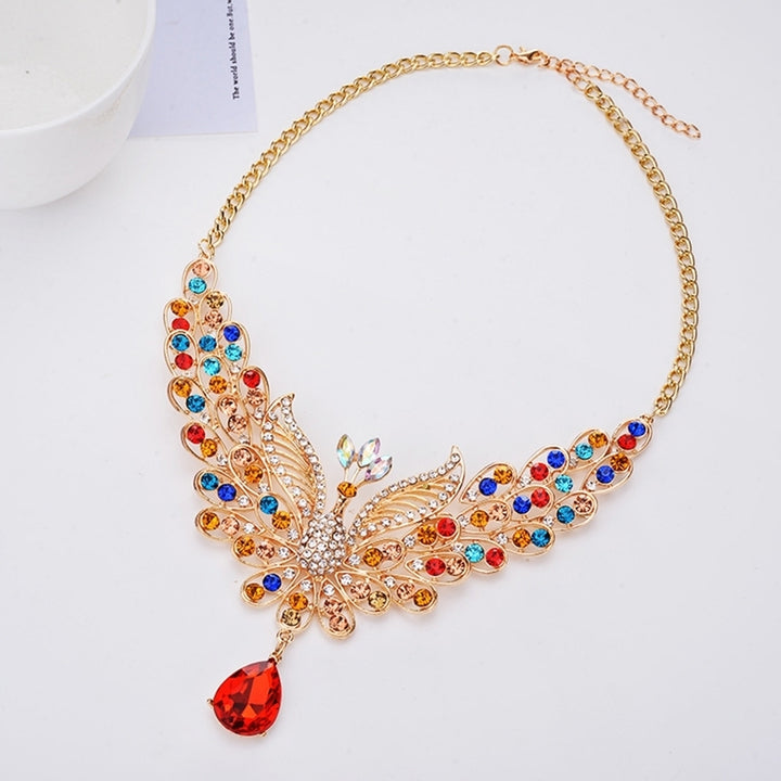 Retro Multicolor Rhinestone Hollow Peacock Bib Necklace Ear Studs Jewelry Set Image 12