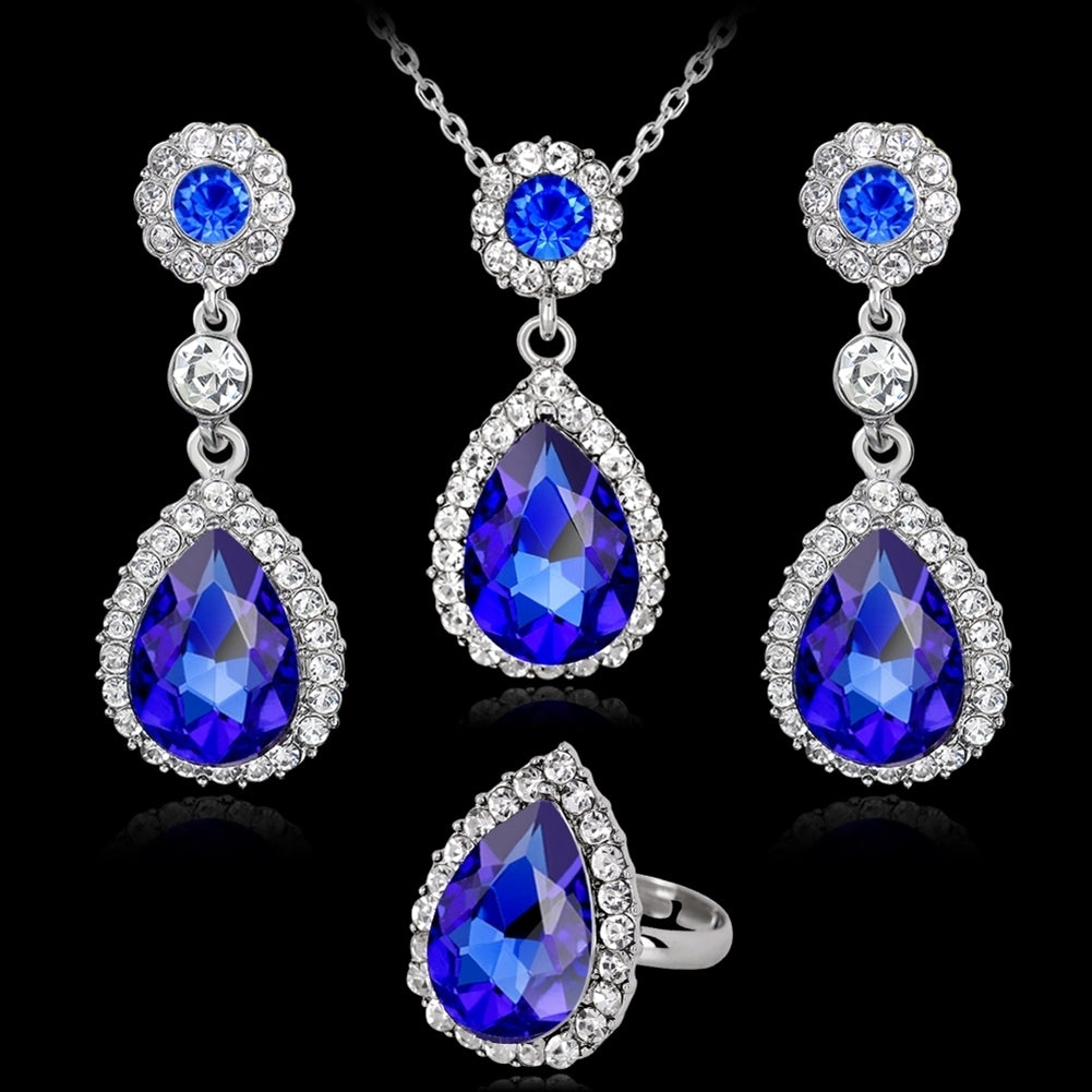 Women Fashion Rhinestones Inlaid Waterdrop Necklace Ring Earrings Jewelry Set Image 4