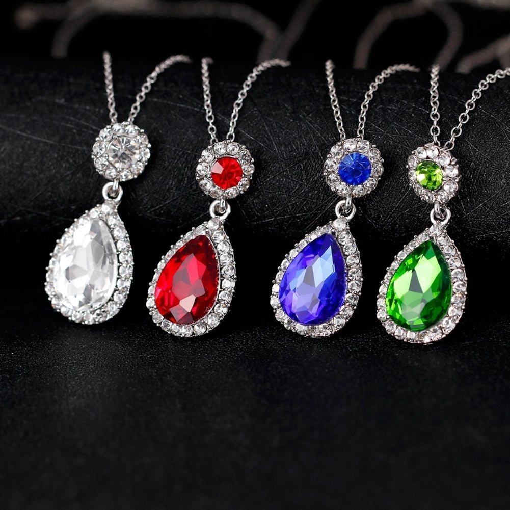 Women Fashion Rhinestones Inlaid Waterdrop Necklace Ring Earrings Jewelry Set Image 7
