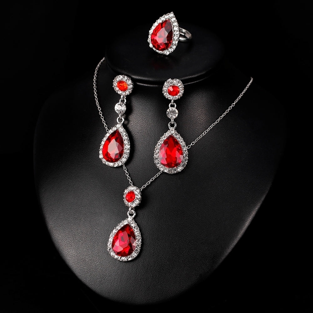 Women Fashion Rhinestones Inlaid Waterdrop Necklace Ring Earrings Jewelry Set Image 8