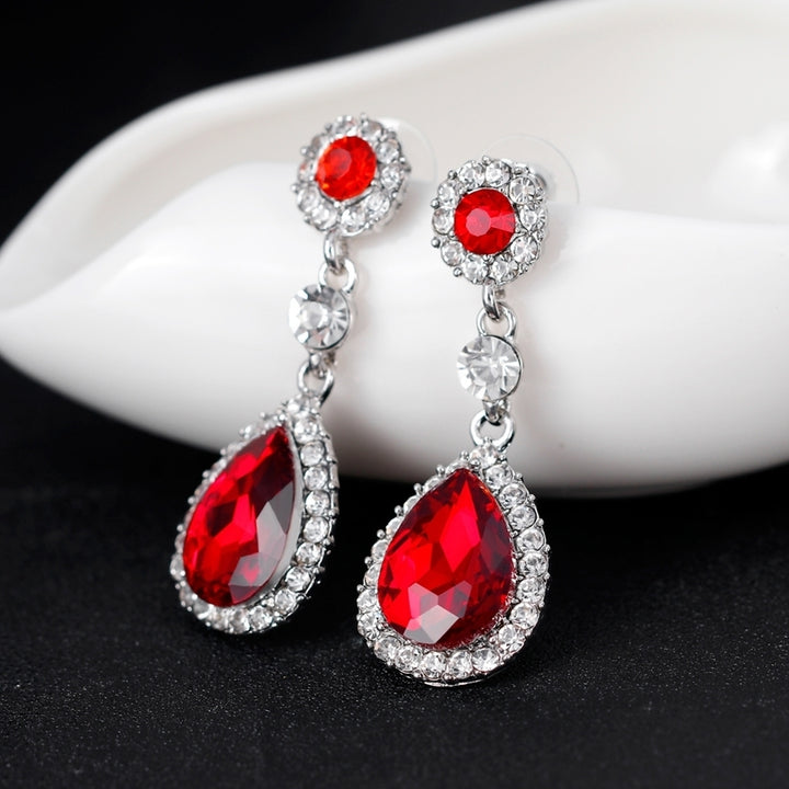 Women Fashion Rhinestones Inlaid Waterdrop Necklace Ring Earrings Jewelry Set Image 9