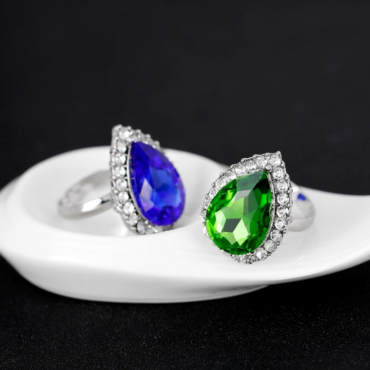 Women Fashion Rhinestones Inlaid Waterdrop Necklace Ring Earrings Jewelry Set Image 10
