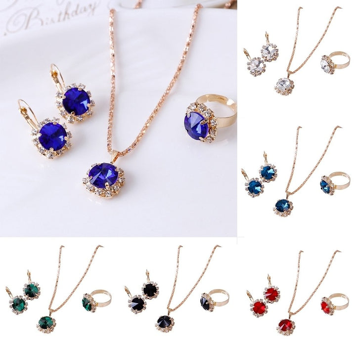 Fashion Women Circle Rhinestone Necklace Earrings Ring Pendants Jewelry Set Image 1