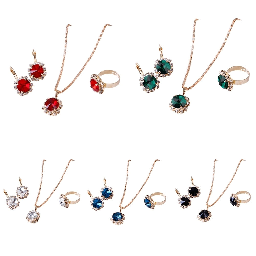 Fashion Women Circle Rhinestone Necklace Earrings Ring Pendants Jewelry Set Image 3