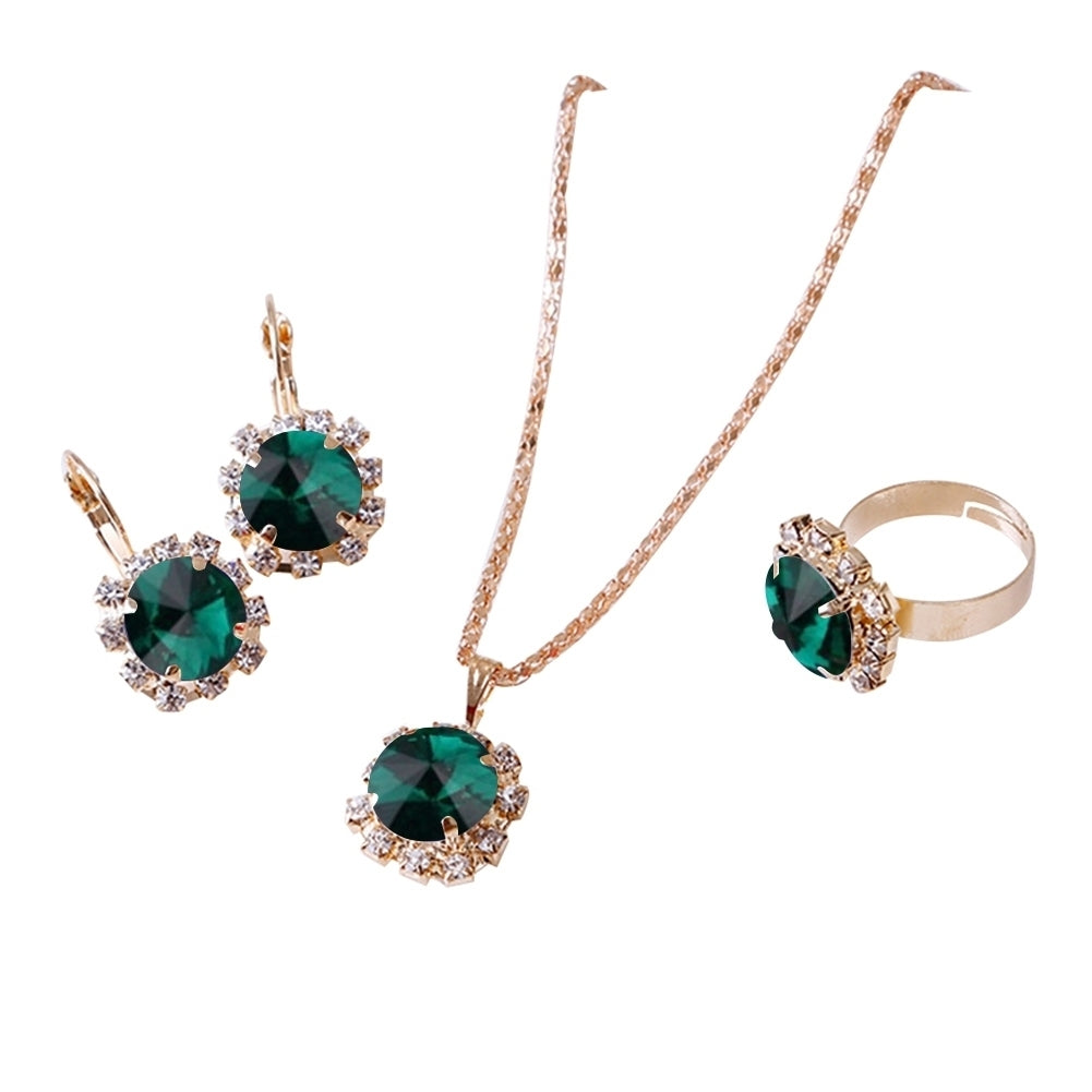 Fashion Women Circle Rhinestone Necklace Earrings Ring Pendants Jewelry Set Image 4