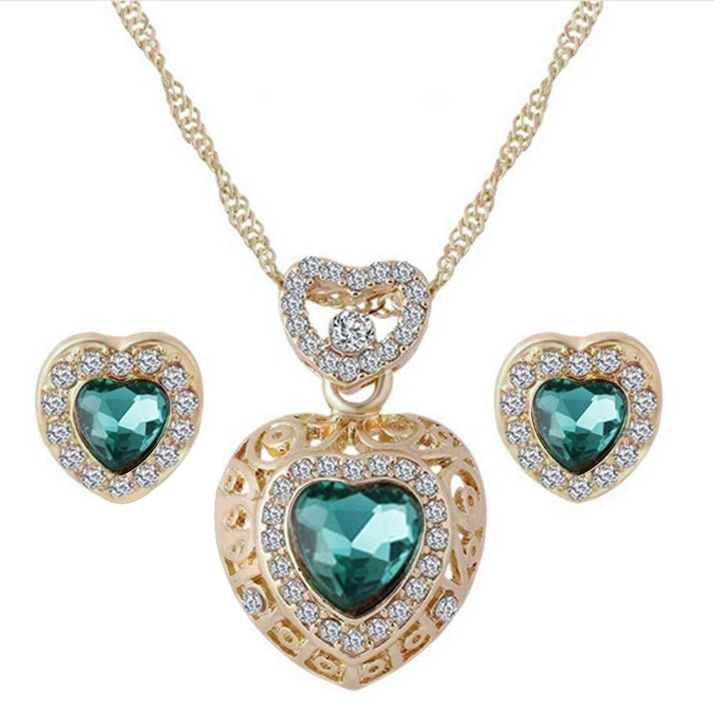 Fashion Heart Alloy Rhinestone Necklace Ear Studs Earrings Women Jewelry Set Image 1