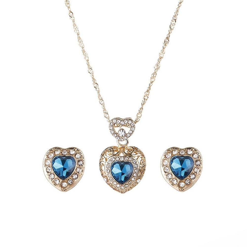 Fashion Heart Alloy Rhinestone Necklace Ear Studs Earrings Women Jewelry Set Image 2