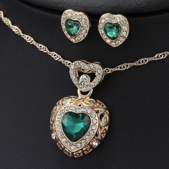 Fashion Heart Alloy Rhinestone Necklace Ear Studs Earrings Women Jewelry Set Image 4