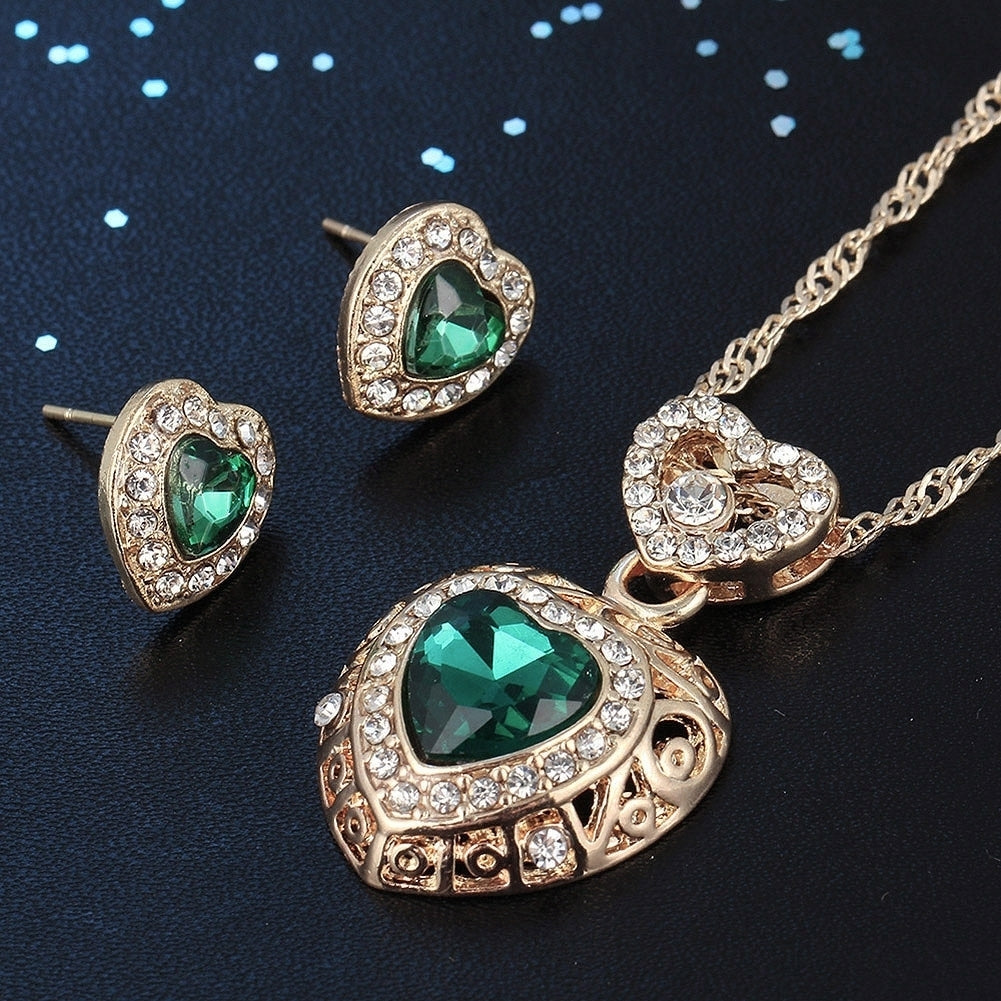 Fashion Heart Alloy Rhinestone Necklace Ear Studs Earrings Women Jewelry Set Image 4