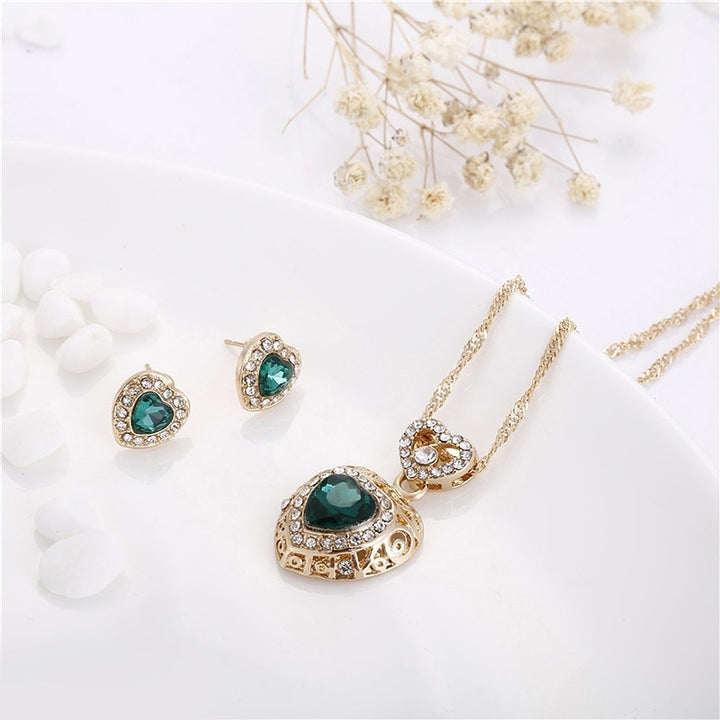 Fashion Heart Alloy Rhinestone Necklace Ear Studs Earrings Women Jewelry Set Image 8