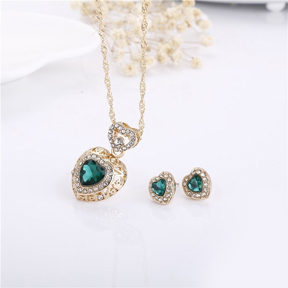 Fashion Heart Alloy Rhinestone Necklace Ear Studs Earrings Women Jewelry Set Image 9