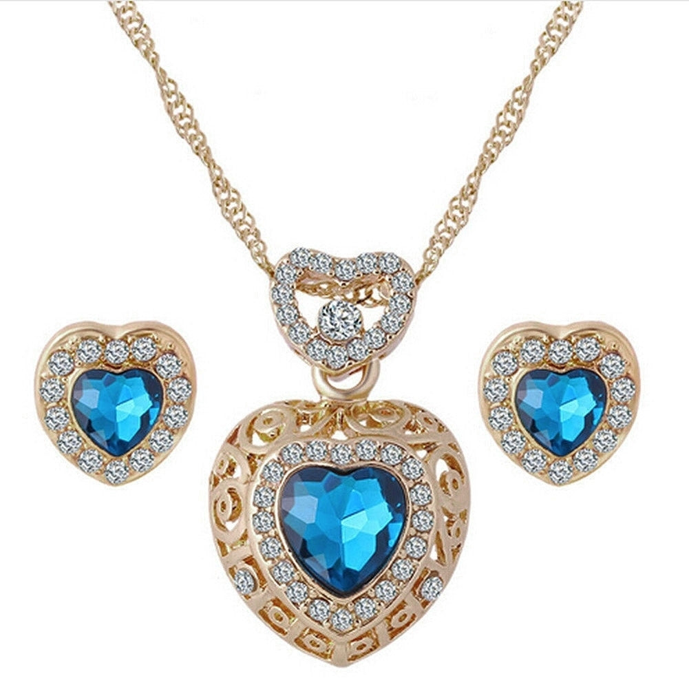 Fashion Heart Alloy Rhinestone Necklace Ear Studs Earrings Women Jewelry Set Image 10