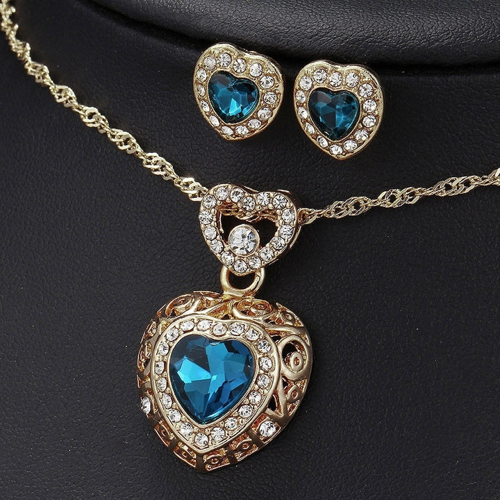 Fashion Heart Alloy Rhinestone Necklace Ear Studs Earrings Women Jewelry Set Image 11