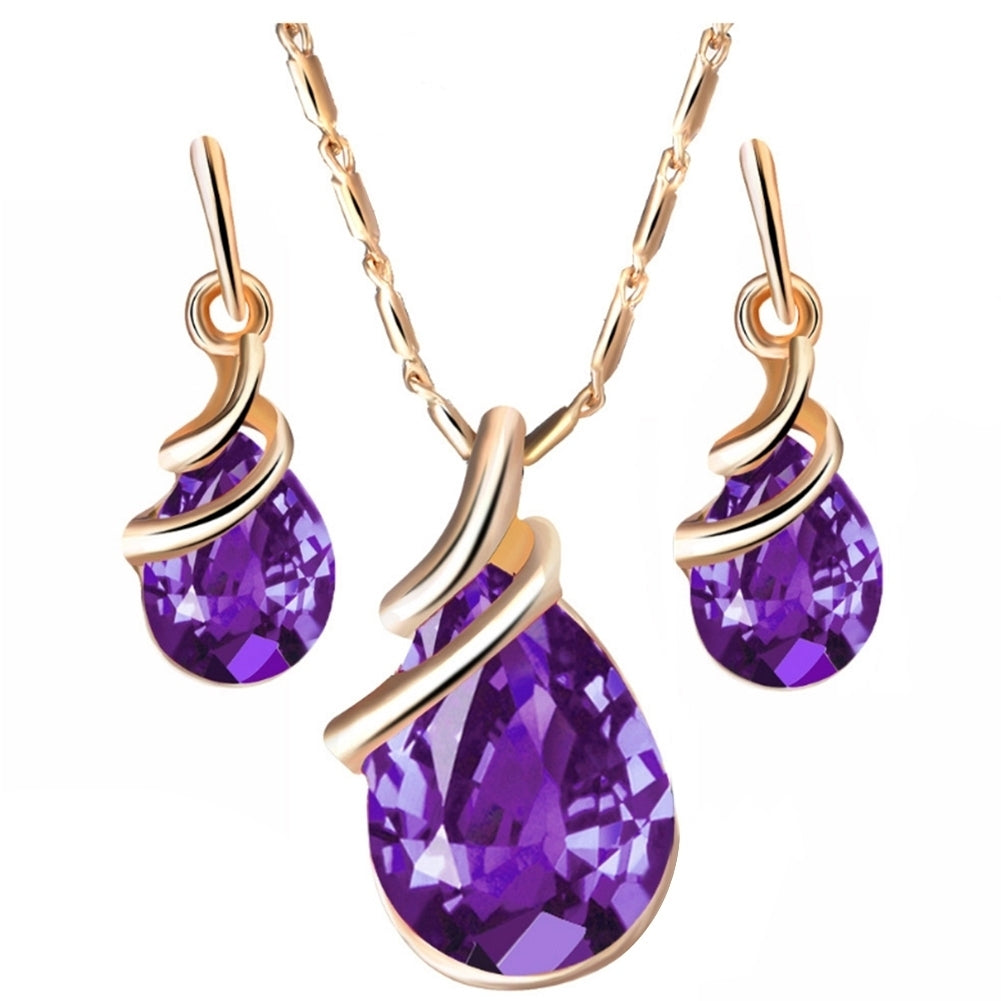 Fashion Women Teardrop Rhinestone Pendant Stud Earrings Necklace Jewelry Set Image 2