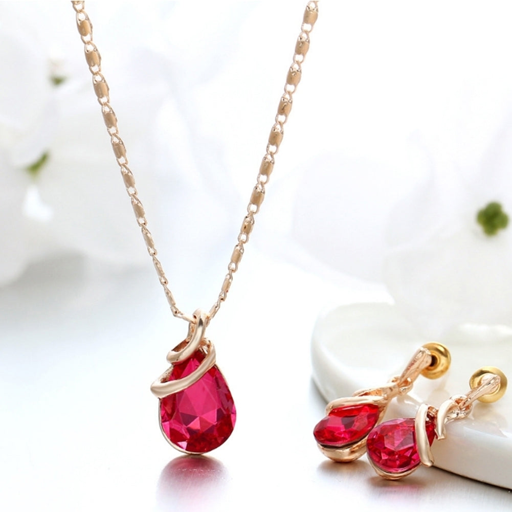 Fashion Women Teardrop Rhinestone Pendant Stud Earrings Necklace Jewelry Set Image 6