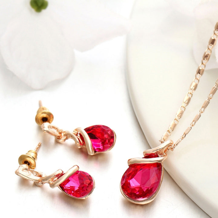 Fashion Women Teardrop Rhinestone Pendant Stud Earrings Necklace Jewelry Set Image 7