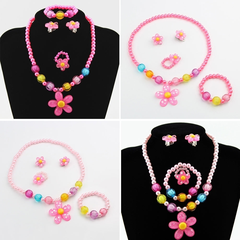 5Pcs Handmade Flower Necklace Bracelet Ring Ear Studs Kids Girls Jewelry Set Image 3