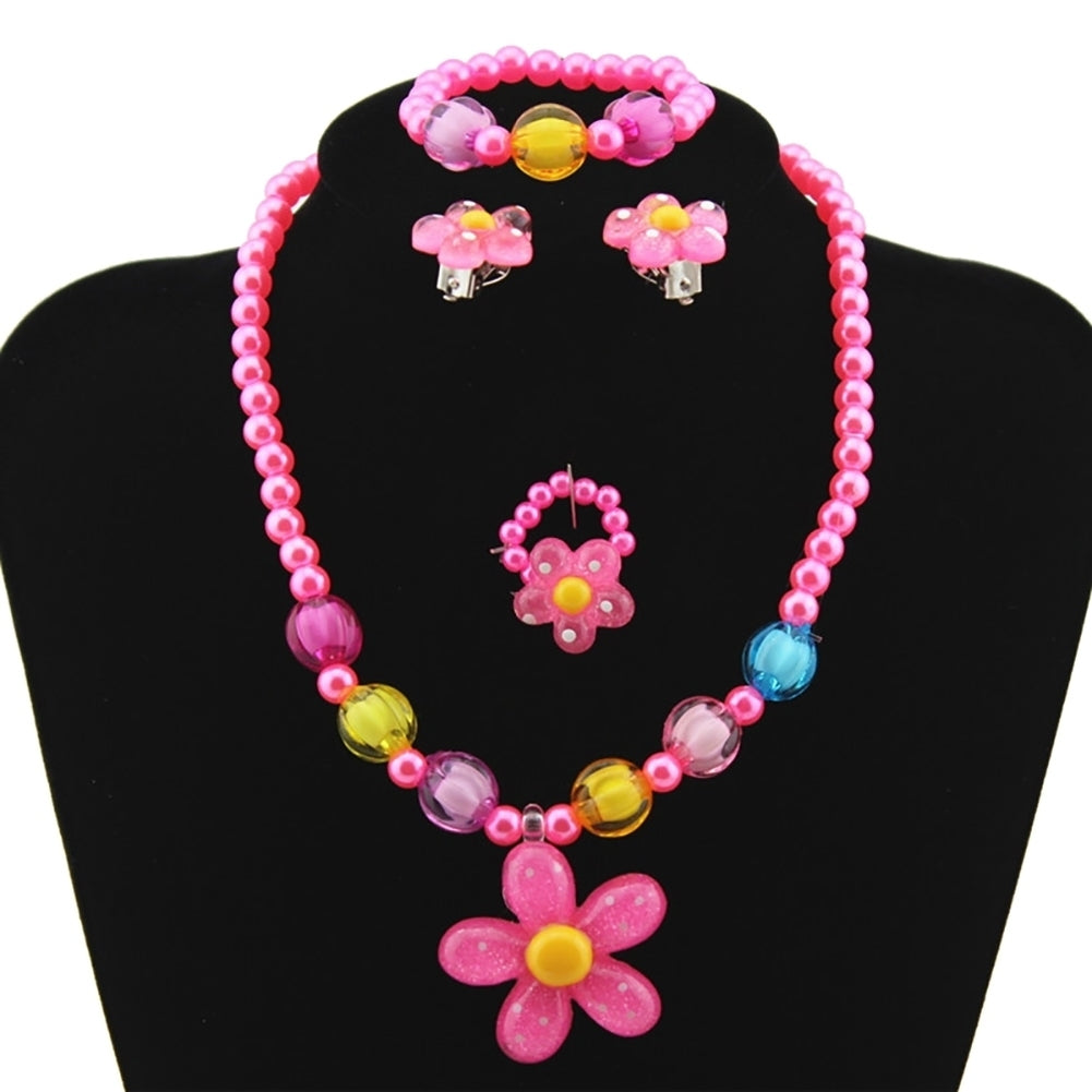 5Pcs Handmade Flower Necklace Bracelet Ring Ear Studs Kids Girls Jewelry Set Image 4