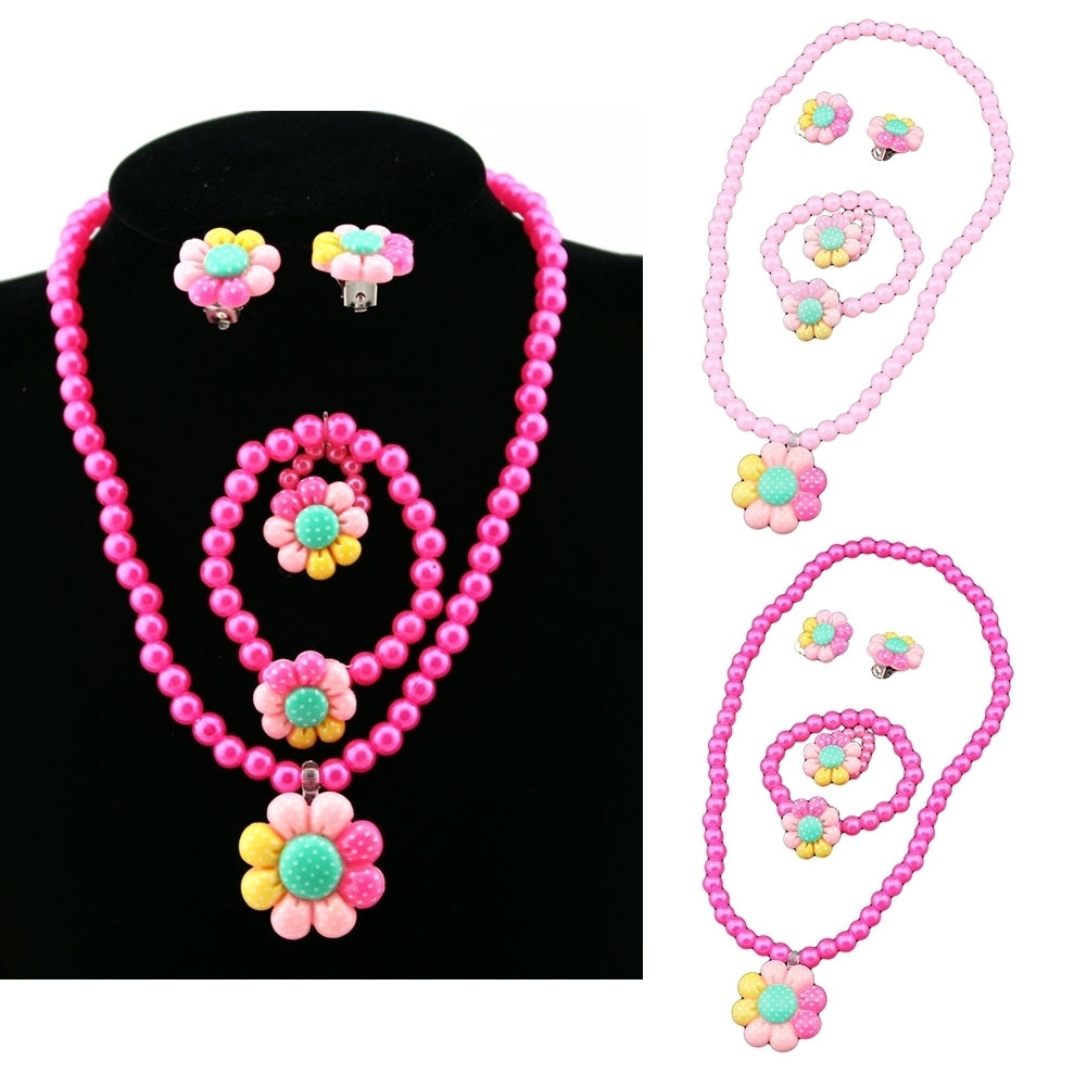 Flower Artificial Pearls Kids Girls Earrings Bracelet Necklace Ring Jewelry Set Image 1