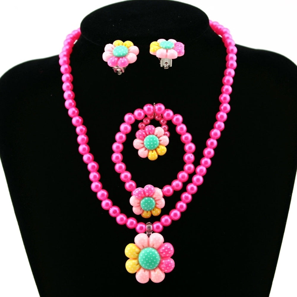 Flower Artificial Pearls Kids Girls Earrings Bracelet Necklace Ring Jewelry Set Image 2