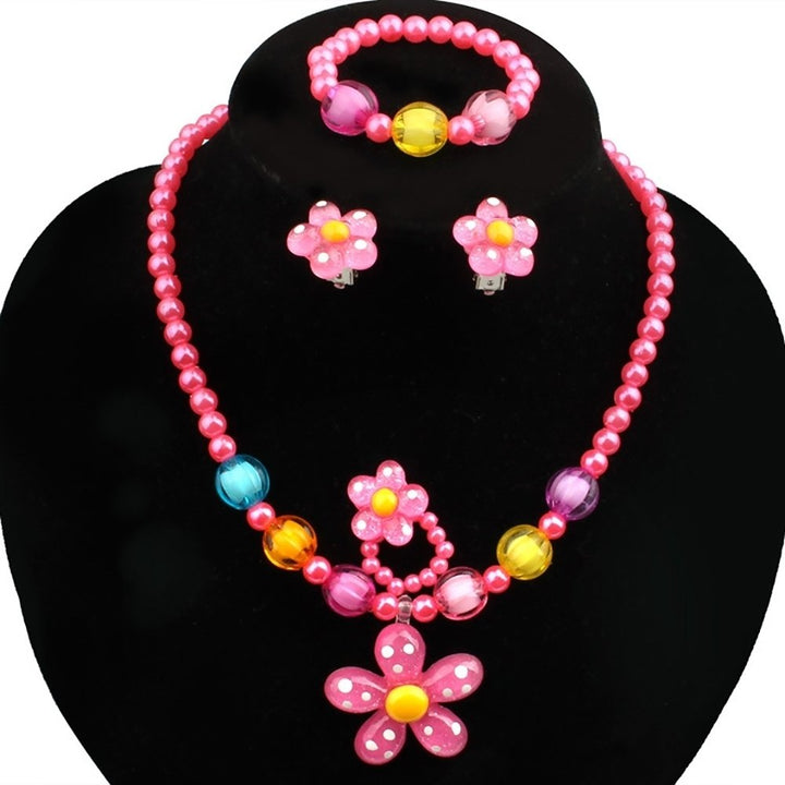 5Pcs Handmade Flower Necklace Bracelet Ring Ear Studs Kids Girls Jewelry Set Image 1