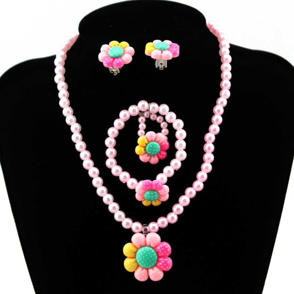 Flower Artificial Pearls Kids Girls Earrings Bracelet Necklace Ring Jewelry Set Image 3