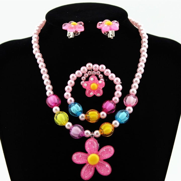 5Pcs Handmade Flower Necklace Bracelet Ring Ear Studs Kids Girls Jewelry Set Image 1