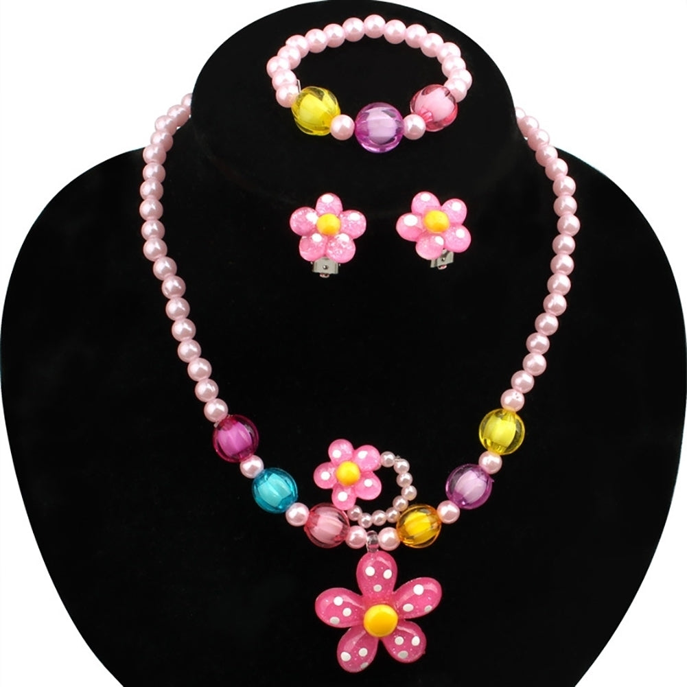 5Pcs Handmade Flower Necklace Bracelet Ring Ear Studs Kids Girls Jewelry Set Image 8