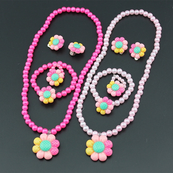 Flower Artificial Pearls Kids Girls Earrings Bracelet Necklace Ring Jewelry Set Image 4