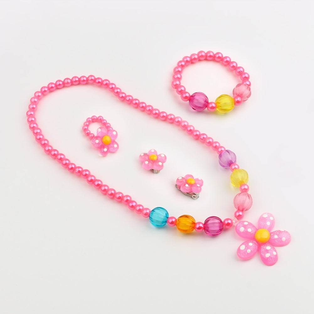5Pcs Handmade Flower Necklace Bracelet Ring Ear Studs Kids Girls Jewelry Set Image 9