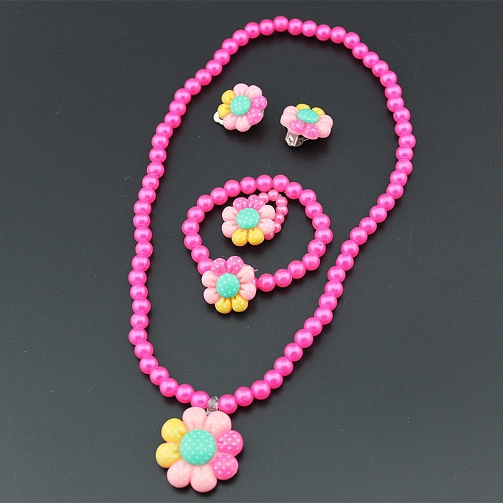 Flower Artificial Pearls Kids Girls Earrings Bracelet Necklace Ring Jewelry Set Image 4