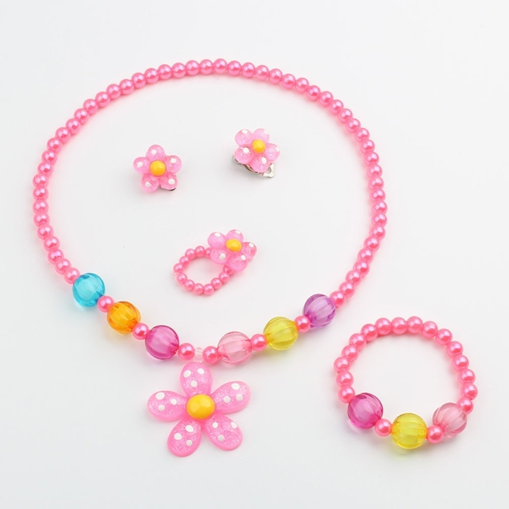 5Pcs Handmade Flower Necklace Bracelet Ring Ear Studs Kids Girls Jewelry Set Image 10
