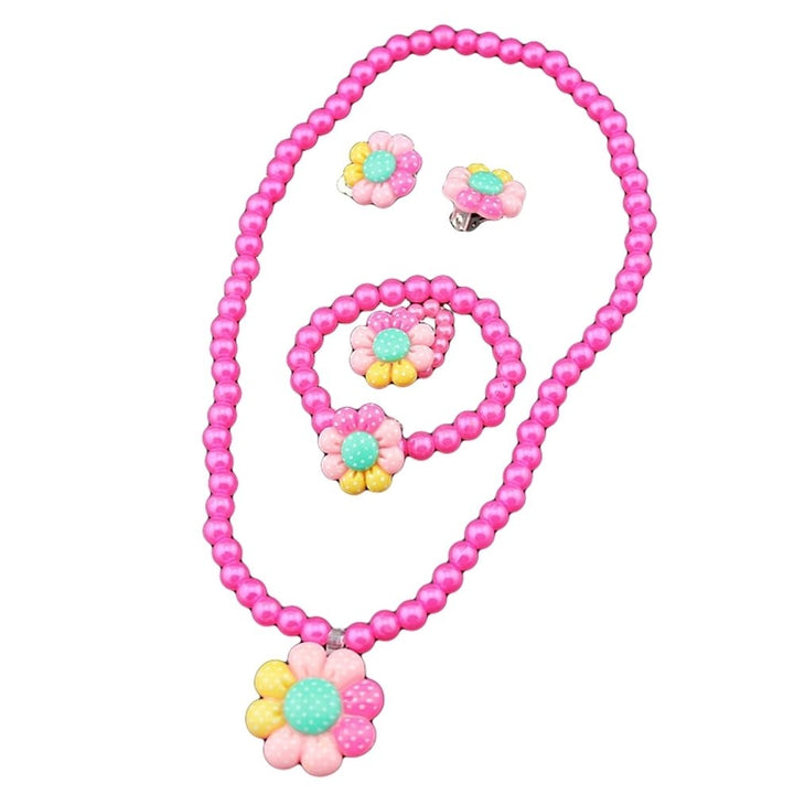 Flower Artificial Pearls Kids Girls Earrings Bracelet Necklace Ring Jewelry Set Image 1