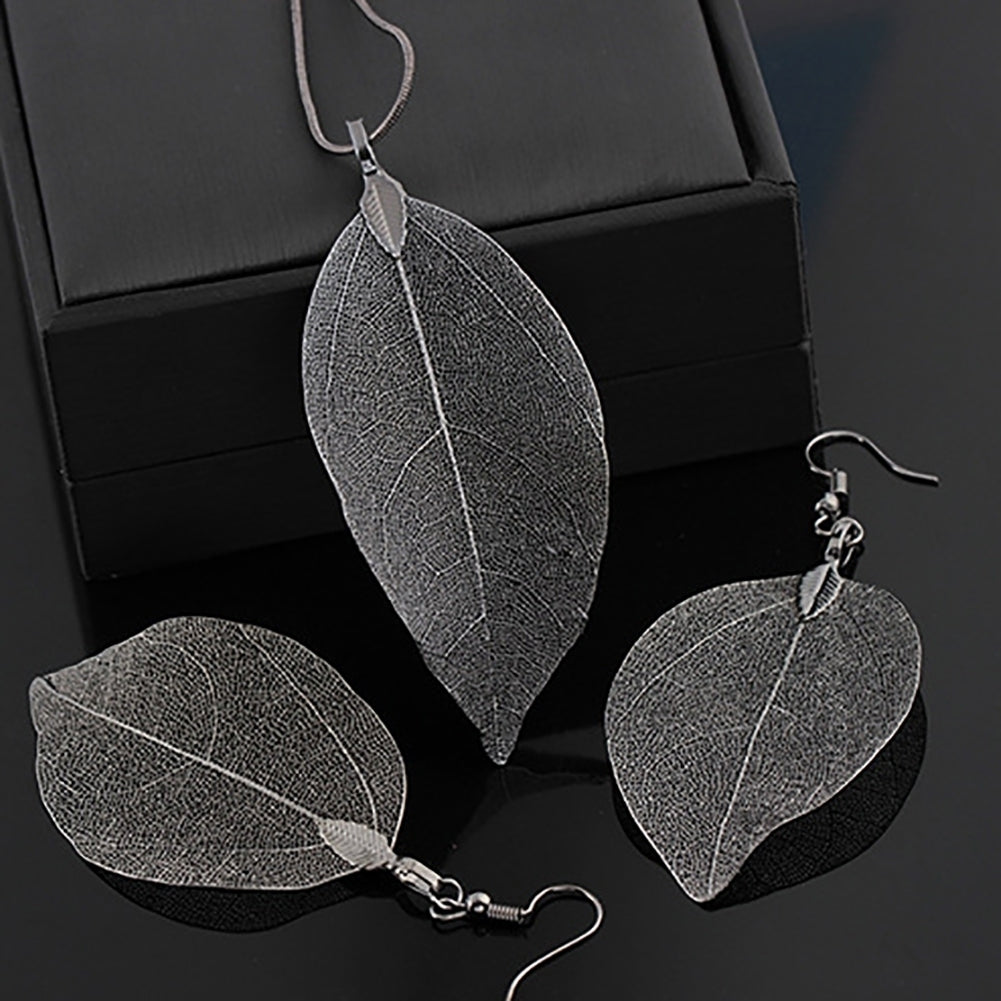 Fashion Women Alloy Leaf Pendant Chain Necklace Dangle Hook Earrings Jewelry Set Image 3