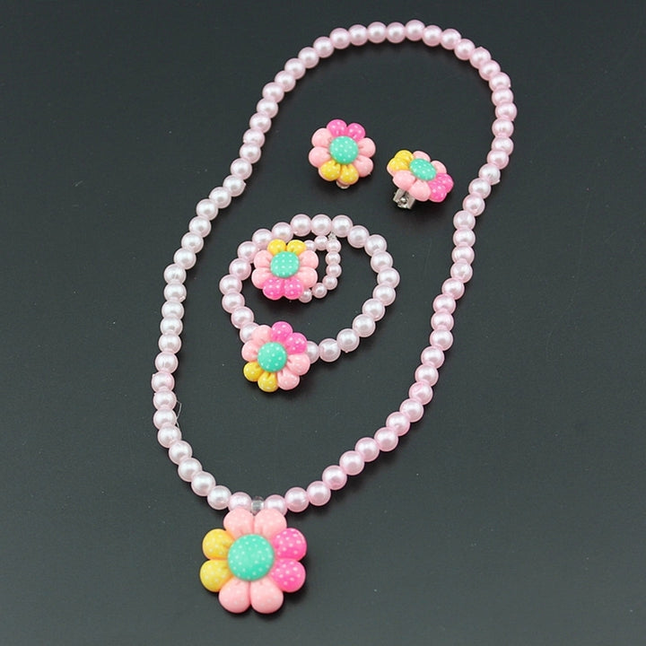 Flower Artificial Pearls Kids Girls Earrings Bracelet Necklace Ring Jewelry Set Image 7