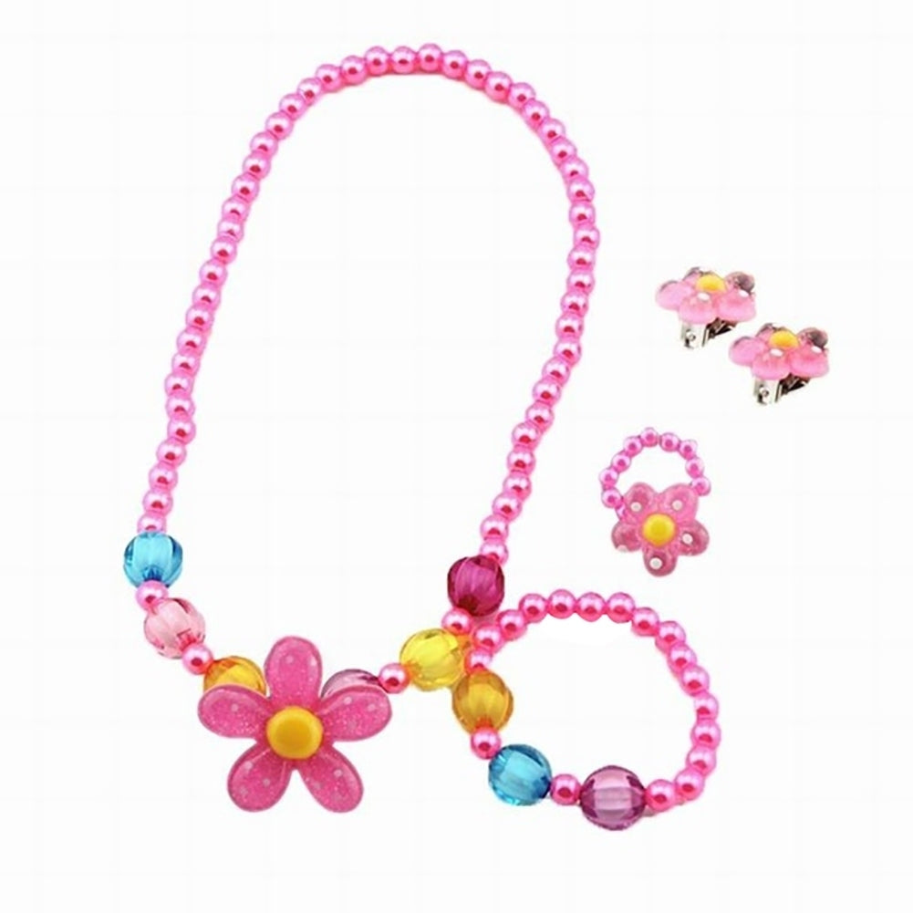 5Pcs Handmade Flower Necklace Bracelet Ring Ear Studs Kids Girls Jewelry Set Image 12