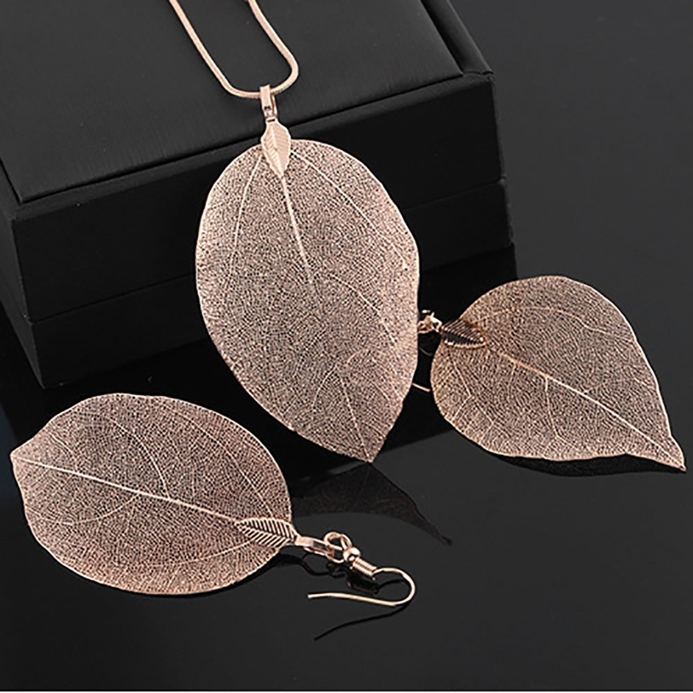 Fashion Women Alloy Leaf Pendant Chain Necklace Dangle Hook Earrings Jewelry Set Image 4