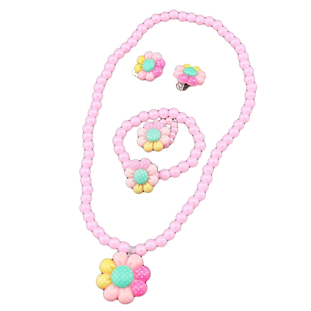 Flower Artificial Pearls Kids Girls Earrings Bracelet Necklace Ring Jewelry Set Image 8