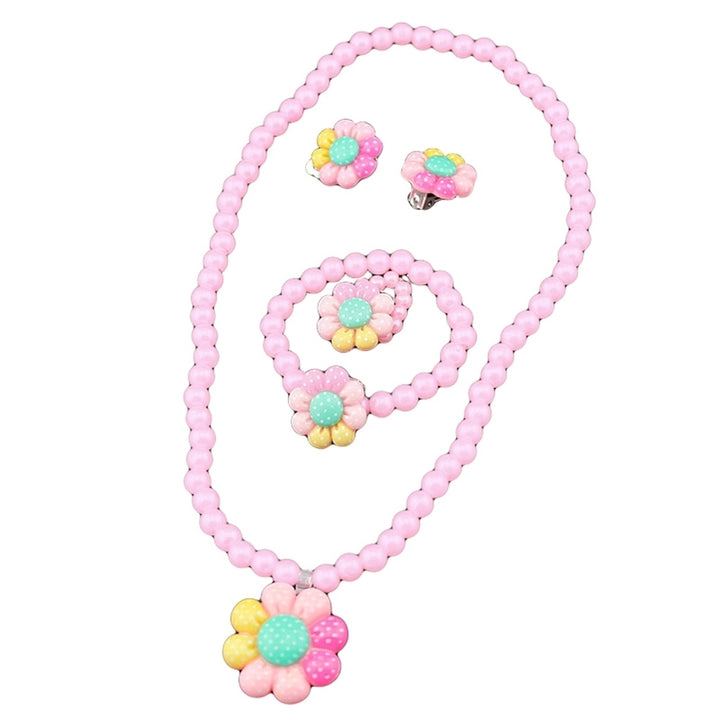 Flower Artificial Pearls Kids Girls Earrings Bracelet Necklace Ring Jewelry Set Image 8