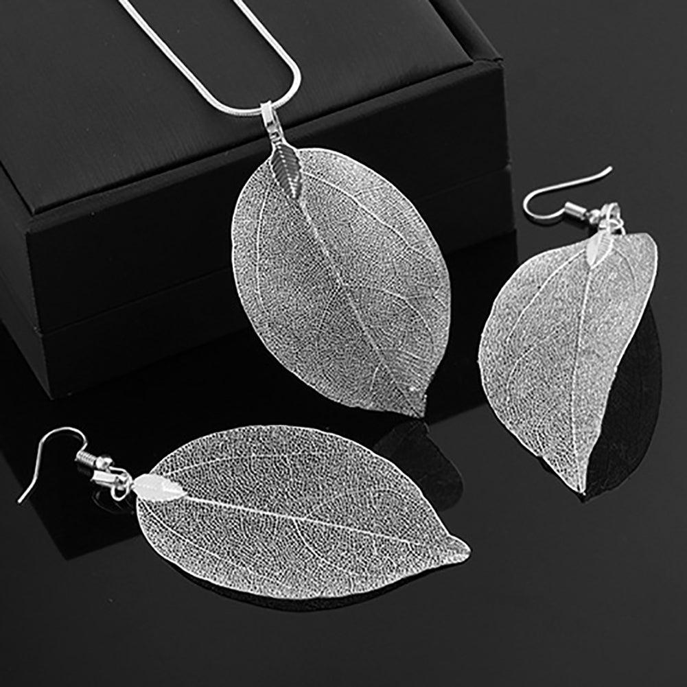 Fashion Women Alloy Leaf Pendant Chain Necklace Dangle Hook Earrings Jewelry Set Image 4