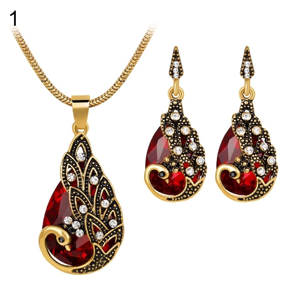 3Pcs Rhinestone Earrings Jewelry Fake Gemstone Peacock Pendant Fashion Necklace Image 3